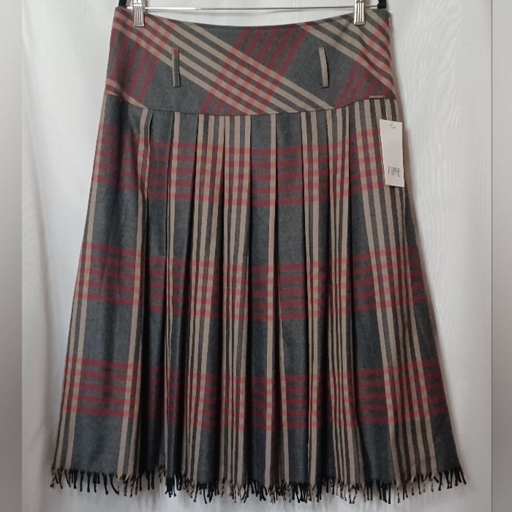 Guzella Women's Pleated Plaid Tarton Midi Skirt With Fringe Hem. Size 14